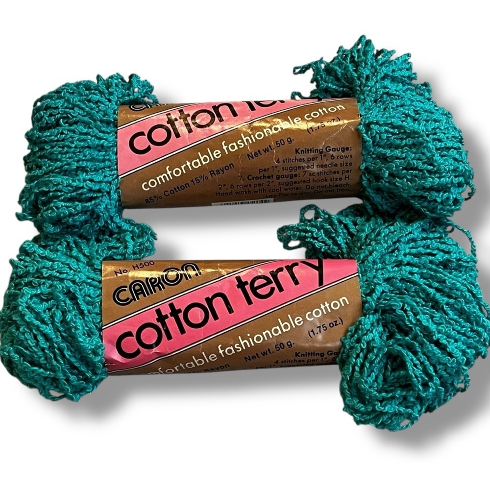 Vintage Caron Cotton Terry Yarn H500 TWO SKEINS #5032 Jade Deadstock Made in USA